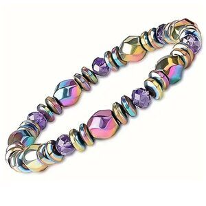 Natural Iridescent Hematite Beaded Bracelet - Magnetic Therapy for Women or Men